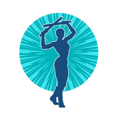 Kadın savaşçıların silueti kılıç taşıyor. Kılıçlı bir kadın dövüşçünün silueti..