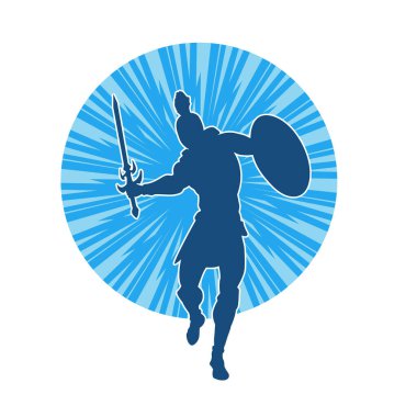 Savaş zırhlı bir erkek savaşçının silueti. Kılıç ve demir kalkan taşıyor..