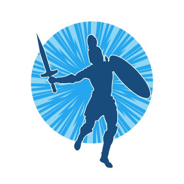 Savaş zırhlı bir erkek savaşçının silueti. Kılıç ve demir kalkan taşıyor..