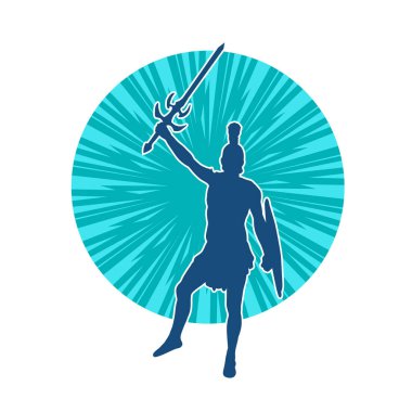 Savaş zırhlı bir erkek savaşçının silueti. Kılıç ve demir kalkan taşıyor..