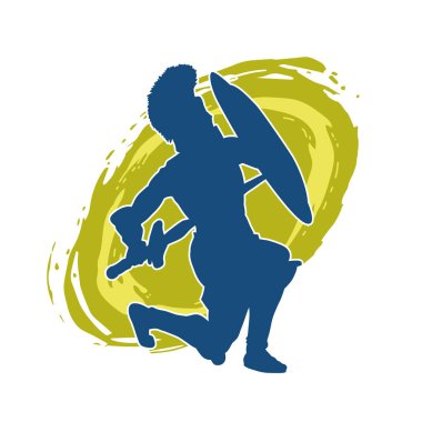 Savaş zırhlı bir erkek savaşçının silueti. Kılıç ve demir kalkan taşıyor..