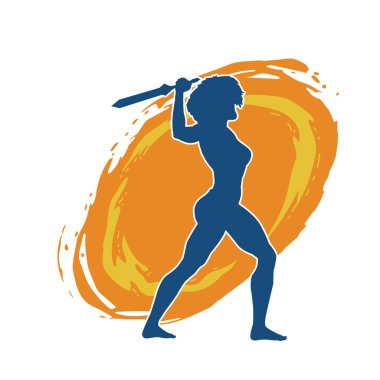 Kadın savaşçıların silueti kılıç taşıyor. Kılıçlı bir kadın dövüşçünün silueti..