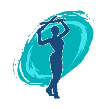 Kadın savaşçıların silueti kılıç taşıyor. Kılıçlı bir kadın dövüşçünün silueti..