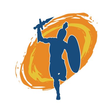 Savaş zırhlı bir erkek savaşçının silueti. Kılıç ve demir kalkan taşıyor..