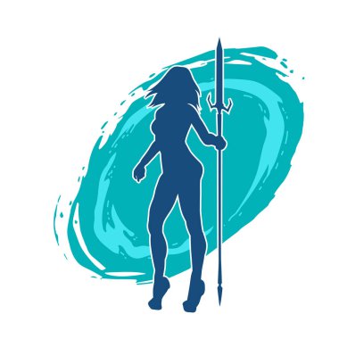 Kadın bir savaşçının silueti mızrakla poz veriyor. Mızrak taşıyan bir kadın dövüşçünün silueti..