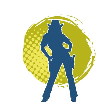 Silah taşıyan kovboy kız kostümlü zayıf bir kadın modelin silueti. Hareket halindeki bir kovboy kızı silueti, tabancayla poz verir. 