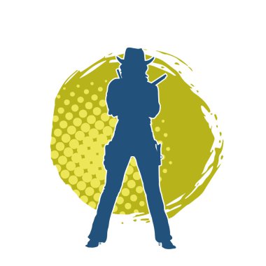 Silah taşıyan kovboy kız kostümlü zayıf bir kadın modelin silueti. Hareket halindeki bir kovboy kızı silueti, tabancayla poz verir. 