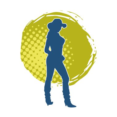 Çekici pozlarda kovboy kız kostümü giyen zayıf bir kadın modelin silueti. Ayakta duran bir kovboy kızın silueti..