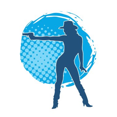 Silah taşıyan kovboy kız kostümlü zayıf bir kadın modelin silueti. Hareket halindeki bir kovboy kızı silueti, tabancayla poz verir. 