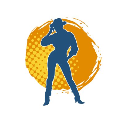 Çekici pozlarda kovboy kız kostümü giyen zayıf bir kadın modelin silueti. Ayakta duran bir kovboy kızın silueti..