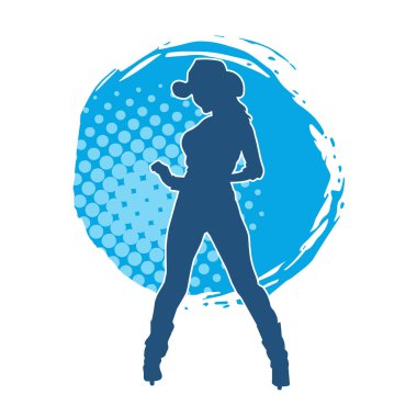 Çekici pozlarda kovboy kız kostümü giyen zayıf bir kadın modelin silueti. Ayakta duran bir kovboy kızın silueti..