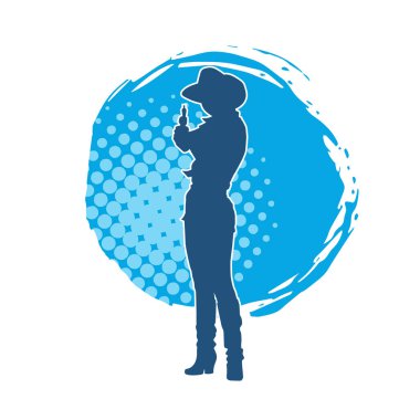 Silah taşıyan kovboy kız kostümlü zayıf bir kadın modelin silueti. Hareket halindeki bir kovboy kızı silueti, tabancayla poz verir. 