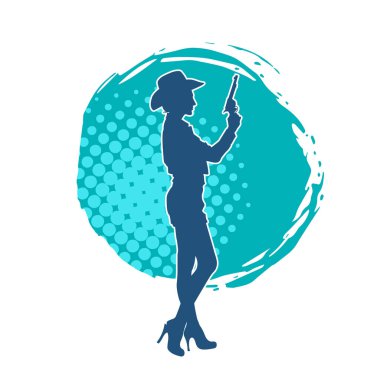 Silah taşıyan kovboy kız kostümlü zayıf bir kadın modelin silueti. Hareket halindeki bir kovboy kızı silueti, tabancayla poz verir. 