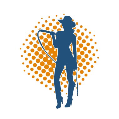 Kovboy şapkası takan dişi bir kovboy kızı silueti. Hareket halindeki bir kovboy kızın silueti kementle ip taşıyor..