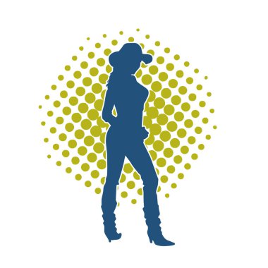 Çekici pozlarda kovboy kız kostümü giyen zayıf bir kadın modelin silueti. Ayakta duran bir kovboy kızın silueti..