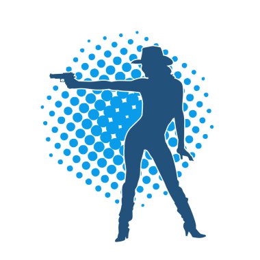 Silah taşıyan kovboy kız kostümlü zayıf bir kadın modelin silueti. Hareket halindeki bir kovboy kızı silueti, tabancayla poz verir. 