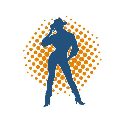 Çekici pozlarda kovboy kız kostümü giyen zayıf bir kadın modelin silueti. Ayakta duran bir kovboy kızın silueti..