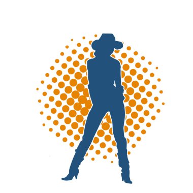 Çekici pozlarda kovboy kız kostümü giyen zayıf bir kadın modelin silueti. Ayakta duran bir kovboy kızın silueti..