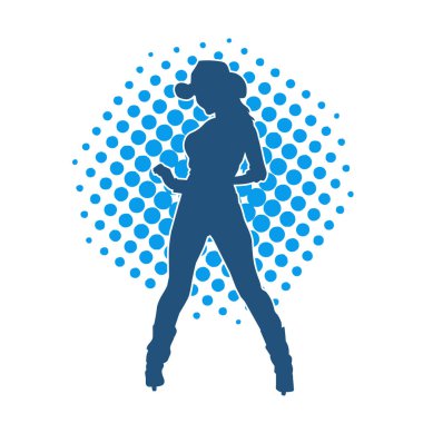 Çekici pozlarda kovboy kız kostümü giyen zayıf bir kadın modelin silueti. Ayakta duran bir kovboy kızın silueti..