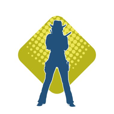 Silah taşıyan kovboy kız kostümlü zayıf bir kadın modelin silueti. Hareket halindeki bir kovboy kızı silueti, tabancayla poz verir. 