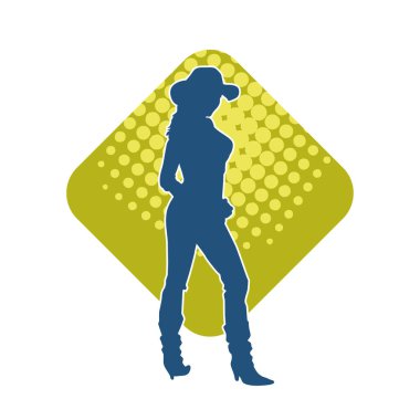 Çekici pozlarda kovboy kız kostümü giyen zayıf bir kadın modelin silueti. Ayakta duran bir kovboy kızın silueti..