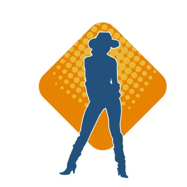 Çekici pozlarda kovboy kız kostümü giyen zayıf bir kadın modelin silueti. Ayakta duran bir kovboy kızın silueti..