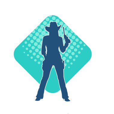 Silah taşıyan kovboy kız kostümlü zayıf bir kadın modelin silueti. Hareket halindeki bir kovboy kızı silueti, tabancayla poz verir. 