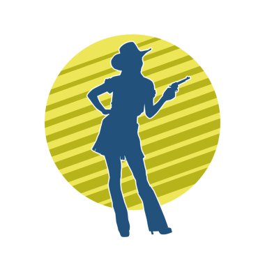 Silah taşıyan kovboy kız kostümlü zayıf bir kadın modelin silueti. Hareket halindeki bir kovboy kızı silueti, tabancayla poz verir. 