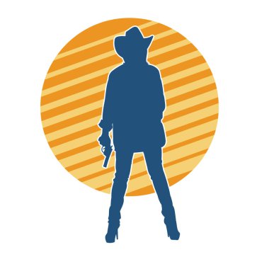 Silah taşıyan kovboy kız kostümlü zayıf bir kadın modelin silueti. Hareket halindeki bir kovboy kızı silueti, tabancayla poz verir. 