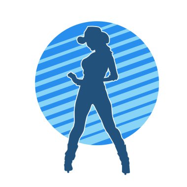 Çekici pozlarda kovboy kız kostümü giyen zayıf bir kadın modelin silueti. Ayakta duran bir kovboy kızın silueti..