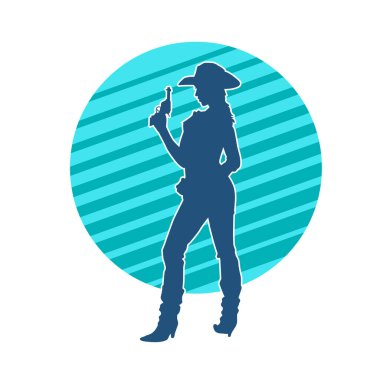 Silah taşıyan kovboy kız kostümlü zayıf bir kadın modelin silueti. Hareket halindeki bir kovboy kızı silueti, tabancayla poz verir. 