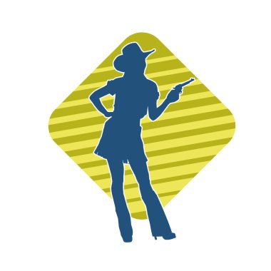 Silah taşıyan kovboy kız kostümlü zayıf bir kadın modelin silueti. Hareket halindeki bir kovboy kızı silueti, tabancayla poz verir. 