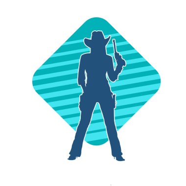 Silah taşıyan kovboy kız kostümlü zayıf bir kadın modelin silueti. Hareket halindeki bir kovboy kızı silueti, tabancayla poz verir. 