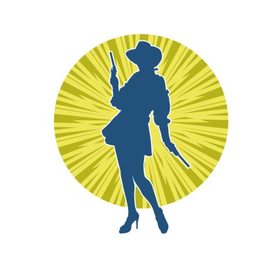 Silah taşıyan kovboy kız kostümlü zayıf bir kadın modelin silueti. Hareket halindeki bir kovboy kızı silueti, tabancayla poz verir. 