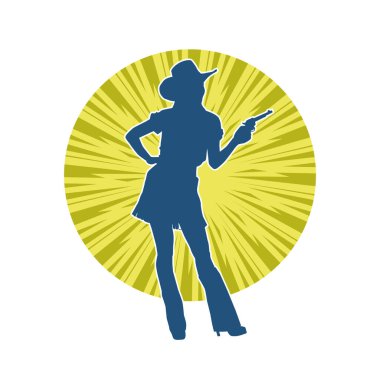 Silah taşıyan kovboy kız kostümlü zayıf bir kadın modelin silueti. Hareket halindeki bir kovboy kızı silueti, tabancayla poz verir. 