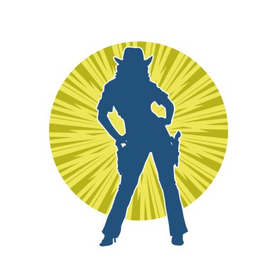 Silah taşıyan kovboy kız kostümlü zayıf bir kadın modelin silueti. Hareket halindeki bir kovboy kızı silueti, tabancayla poz verir. 