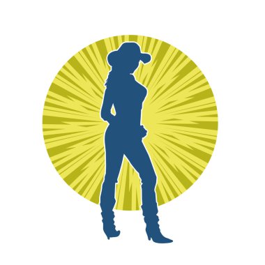 Çekici pozlarda kovboy kız kostümü giyen zayıf bir kadın modelin silueti. Ayakta duran bir kovboy kızın silueti..