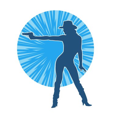 Silah taşıyan kovboy kız kostümlü zayıf bir kadın modelin silueti. Hareket halindeki bir kovboy kızı silueti, tabancayla poz verir. 