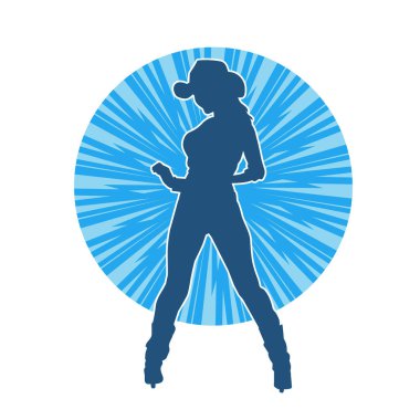 Çekici pozlarda kovboy kız kostümü giyen zayıf bir kadın modelin silueti. Ayakta duran bir kovboy kızın silueti..