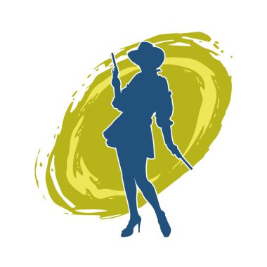 Silah taşıyan kovboy kız kostümlü zayıf bir kadın modelin silueti. Hareket halindeki bir kovboy kızı silueti, tabancayla poz verir. 