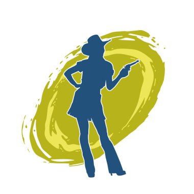 Silah taşıyan kovboy kız kostümlü zayıf bir kadın modelin silueti. Hareket halindeki bir kovboy kızı silueti, tabancayla poz verir. 