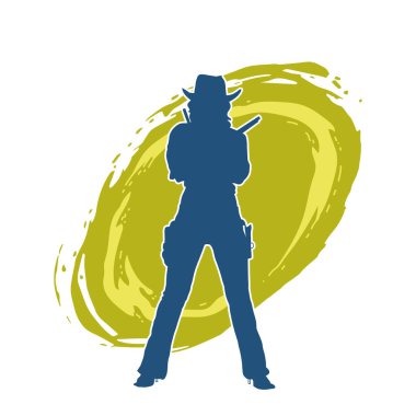 Silah taşıyan kovboy kız kostümlü zayıf bir kadın modelin silueti. Hareket halindeki bir kovboy kızı silueti, tabancayla poz verir. 