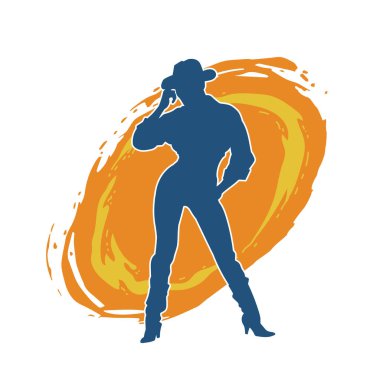 Çekici pozlarda kovboy kız kostümü giyen zayıf bir kadın modelin silueti. Ayakta duran bir kovboy kızın silueti..