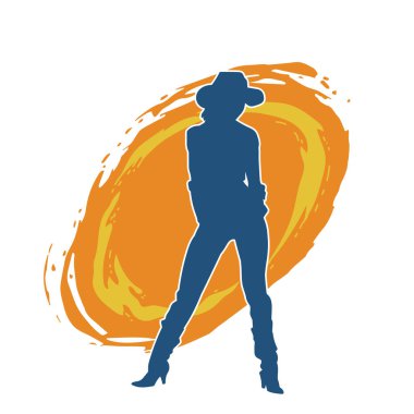 Çekici pozlarda kovboy kız kostümü giyen zayıf bir kadın modelin silueti. Ayakta duran bir kovboy kızın silueti..