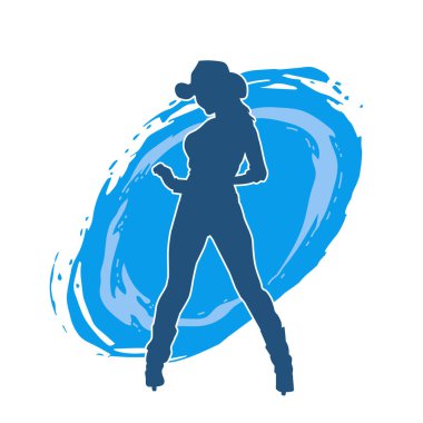 Çekici pozlarda kovboy kız kostümü giyen zayıf bir kadın modelin silueti. Ayakta duran bir kovboy kızın silueti..