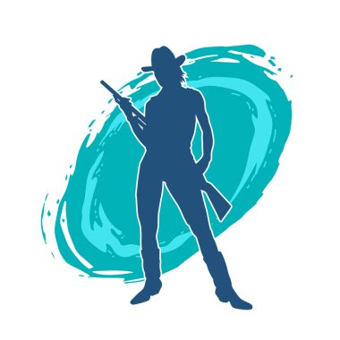 Kovboy kız kostümü giymiş siluet bir kadın tüfekle poz veriyor. Uzun namlulu ateşli silah taşıyan bir dişi kovboyun silueti..