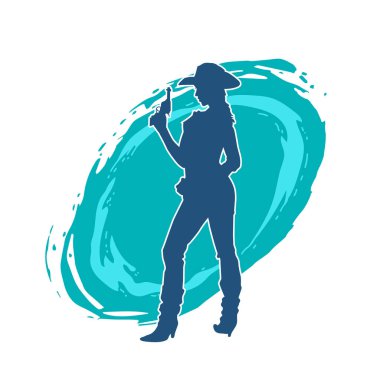 Silah taşıyan kovboy kız kostümlü zayıf bir kadın modelin silueti. Hareket halindeki bir kovboy kızı silueti, tabancayla poz verir. 