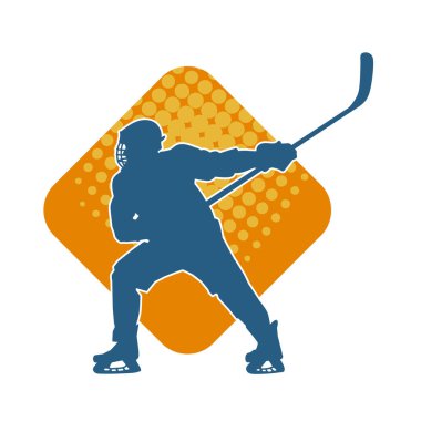 Erkek kış hokeyi atletinin silueti iş başında. Buz hokeyi oynayan bir adamın silueti..