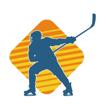 Erkek kış hokeyi atletinin silueti iş başında. Buz hokeyi oynayan bir adamın silueti..