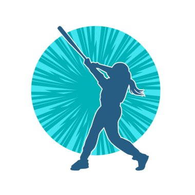 Hareketli kadın beyzbol oyuncusunun silueti. Vurucu olarak beyzbol oynayan bir kadın sporcunun silüeti..